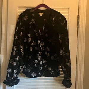 Pilcro Black Velvet Button-Down Top with Silver Floral Print